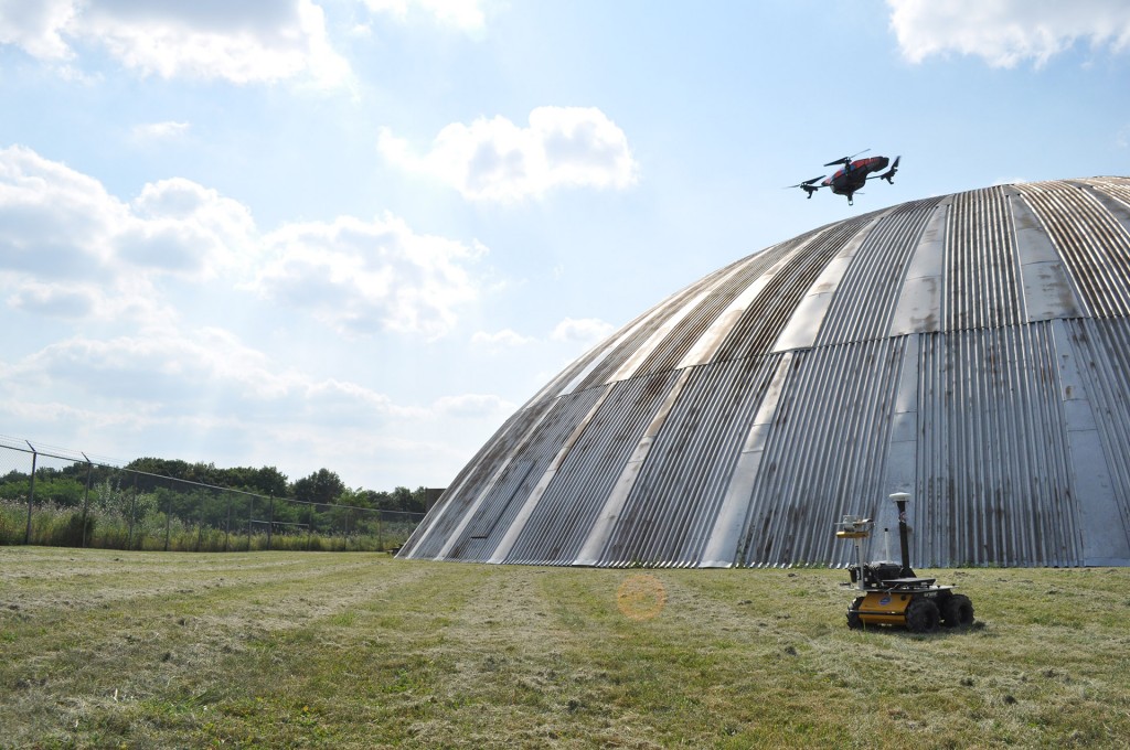 Quadrocopter and Husky robots field tests in front of UTIAS Mars Dome.